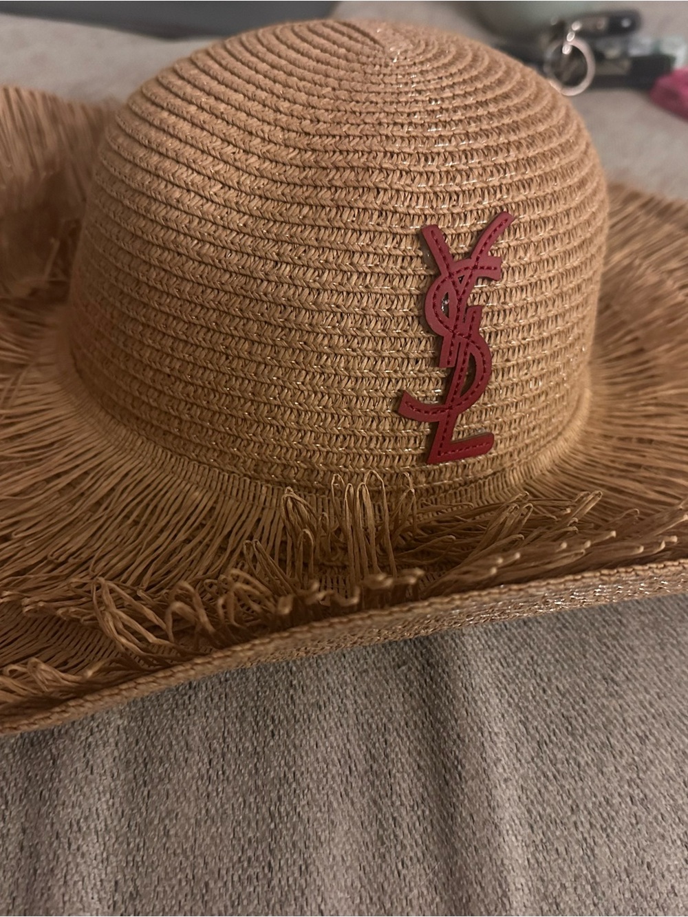 Tan Straw Fringe Sun Hat AND BAG with Red Logo - Picture 7 of 13